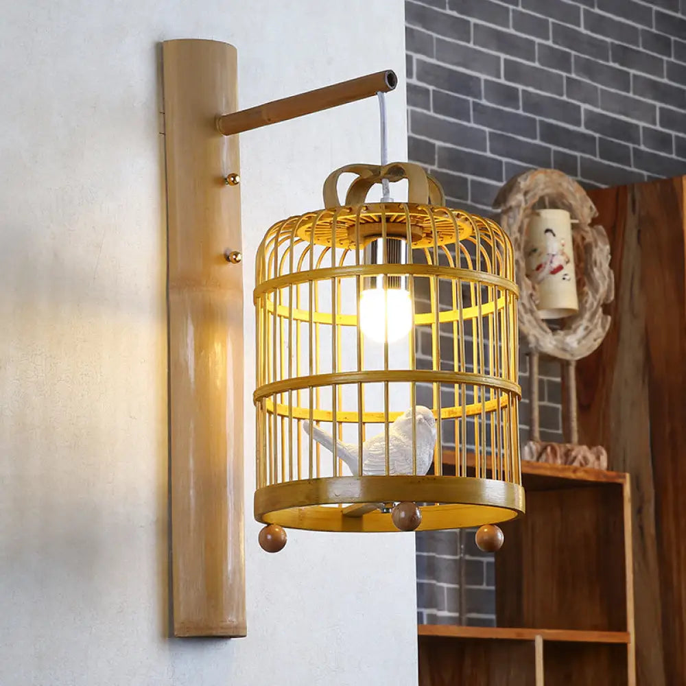 DecorBites™ Bamboo Wall Mount Sconce Lamp with Asian Flair - Wood Cage Design, 1 Bulb, White Bird Deco