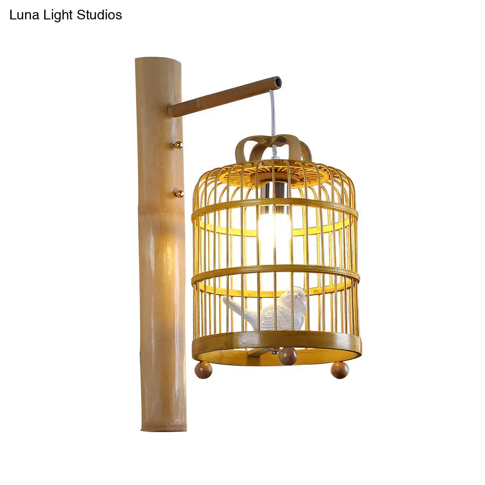 DecorBites™ Bamboo Wall Mount Sconce Lamp with Asian Flair - Wood Cage Design, 1 Bulb, White Bird Deco