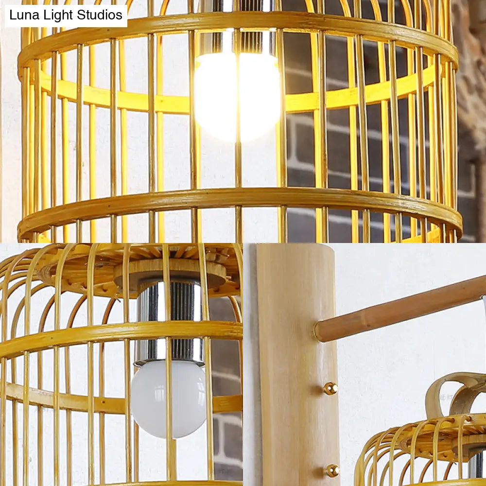 DecorBites™ Bamboo Wall Mount Sconce Lamp with Asian Flair - Wood Cage Design, 1 Bulb, White Bird Deco
