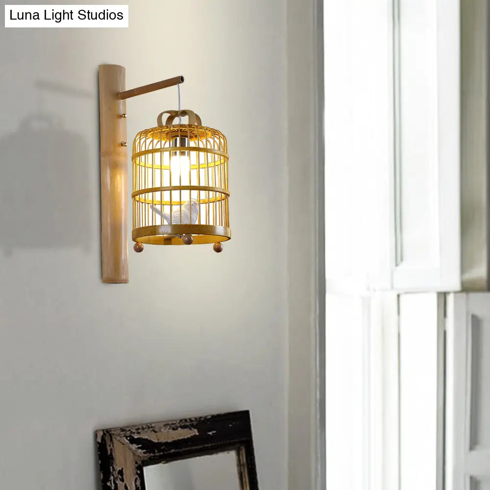 DecorBites™ Bamboo Wall Mount Sconce Lamp with Asian Flair - Wood Cage Design, 1 Bulb, White Bird Deco