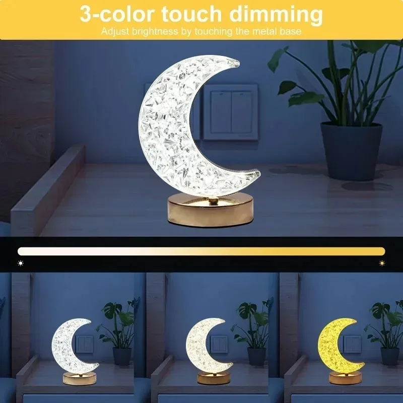 DecorBites™ Bedroom Crystal Touch Dimming Night Light Girls Room Home Decor Aesthetics USB Bedside LED Ambient Table 3D Moon Lamp