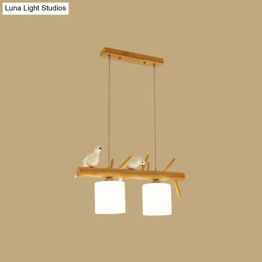 DecorBites™ Beige Drum Island Lighting: Simple 2/3 Heads Pendant Lamp with Opaque Glass and Bird on Wood Branch Design