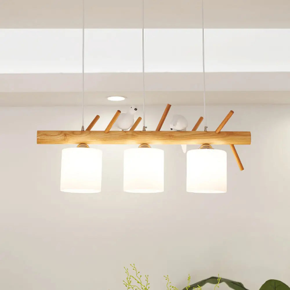 DecorBites™ Beige Drum Island Lighting: Simple 2/3 Heads Pendant Lamp with Opaque Glass and Bird on Wood Branch Design