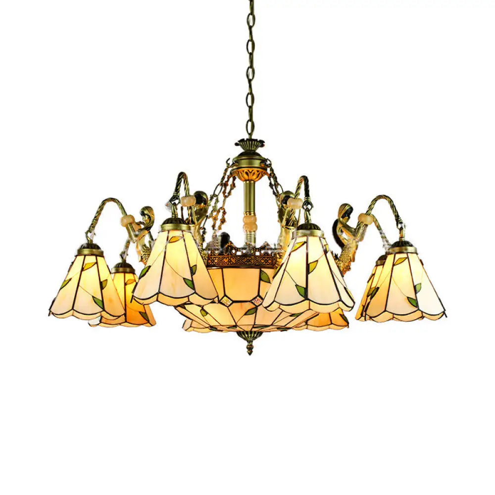 DecorBites™ Beige Tiffany Cut Glass Pendant Chandelier - 9/11 Lights, Conical Hanging Light with Mermaid Deco