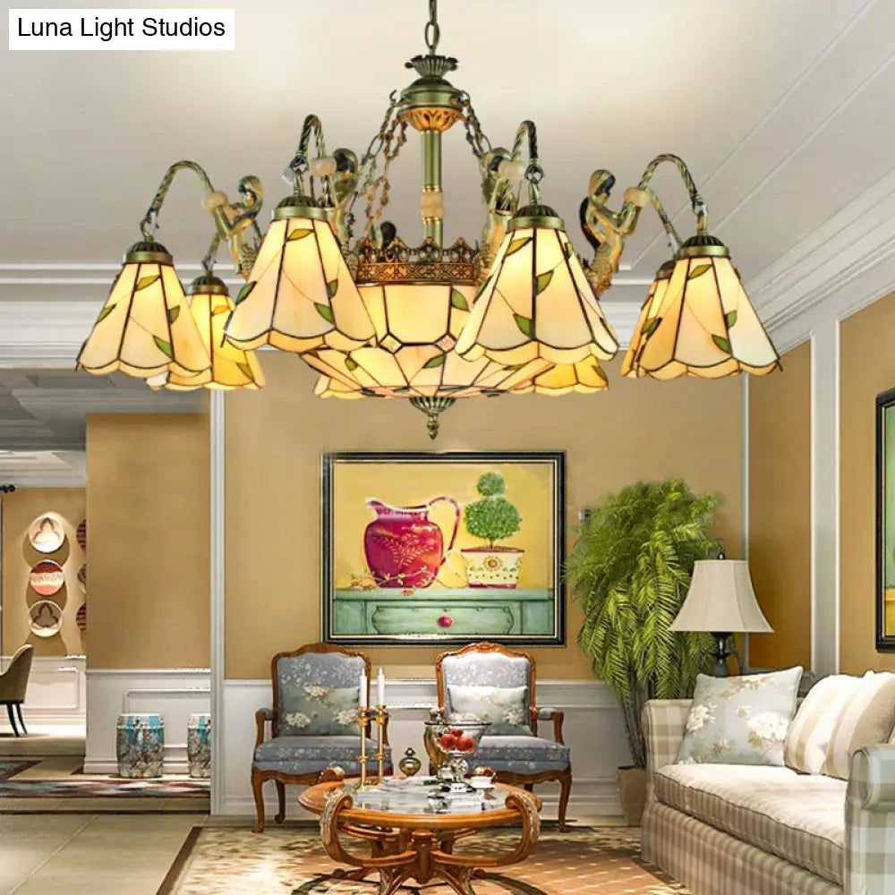 DecorBites™ Beige Tiffany Cut Glass Pendant Chandelier - 9/11 Lights, Conical Hanging Light with Mermaid Deco
