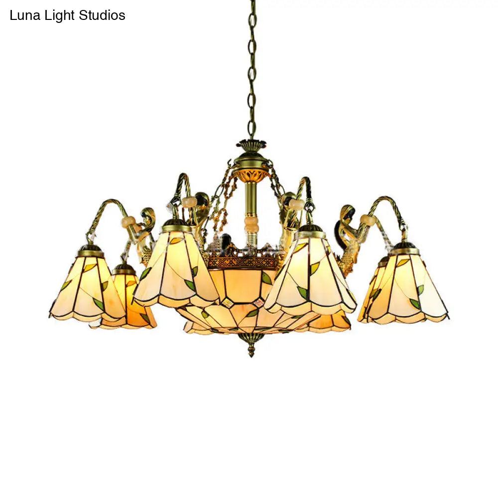DecorBites™ Beige Tiffany Cut Glass Pendant Chandelier - 9/11 Lights, Conical Hanging Light with Mermaid Deco