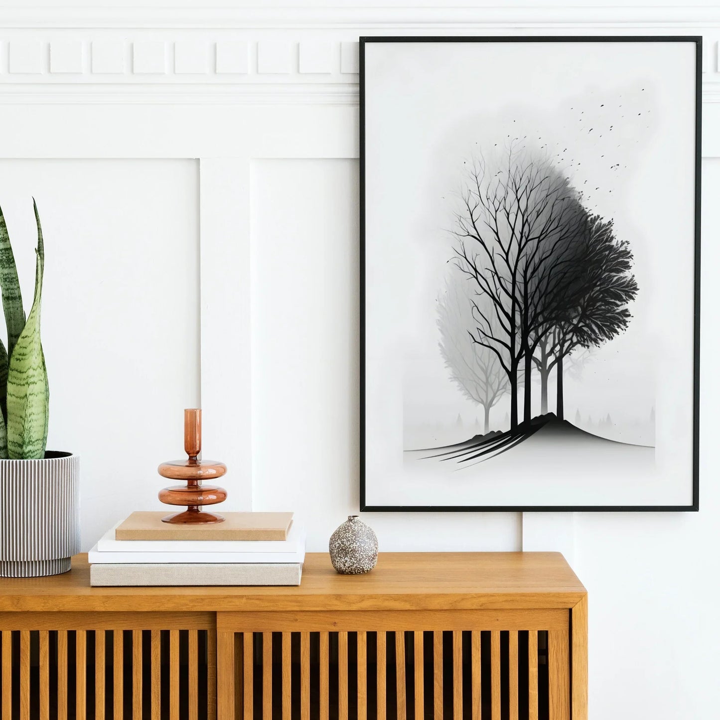 DecorBites™ Black and White Mountain Tree Landscape Wall Art