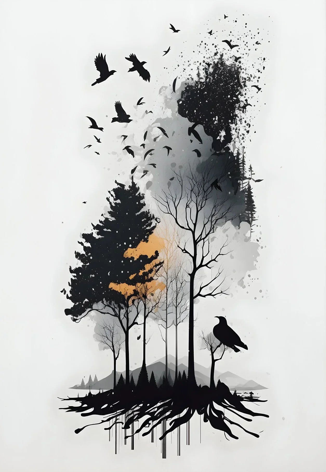DecorBites™ Black and White Mountain Tree Landscape Wall Art