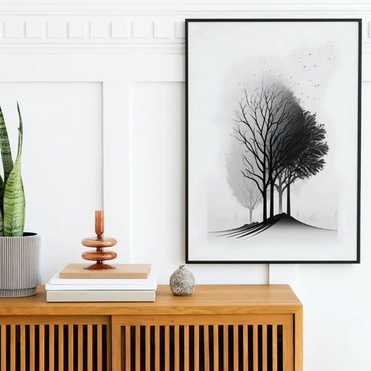 DecorBites™ Black and White Mountain Tree Landscape Wall Art