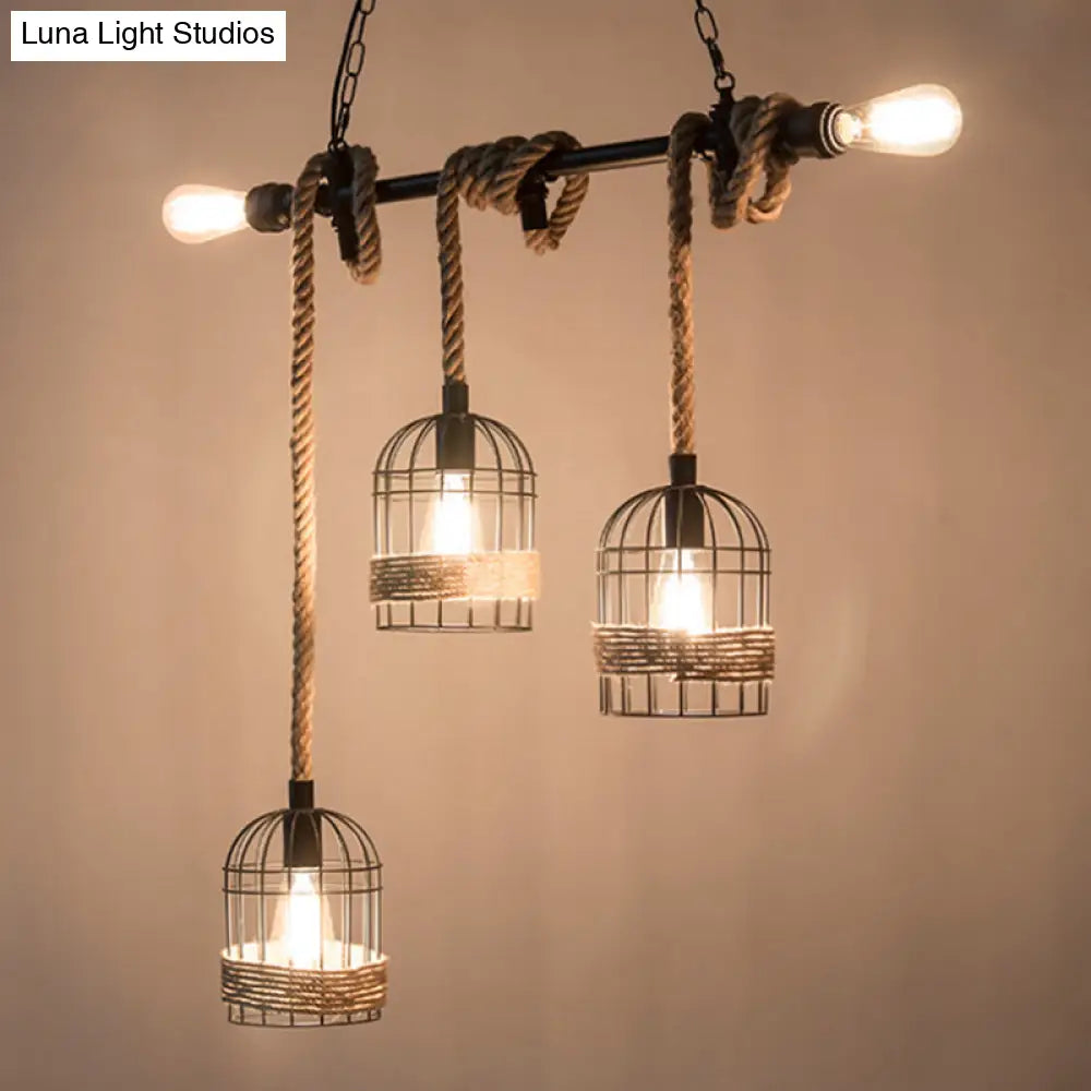 DecorBites™ Black Birdcage Island Pendant Light with Jute Rope Cord - 5 Bulbs, Factory Metal Design