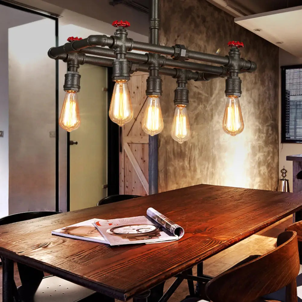 DecorBites™ Black Finish Hanging Ceiling Light: Rectangle Frame, 4/5-Light Antiqued Island Lamp for Dining Table