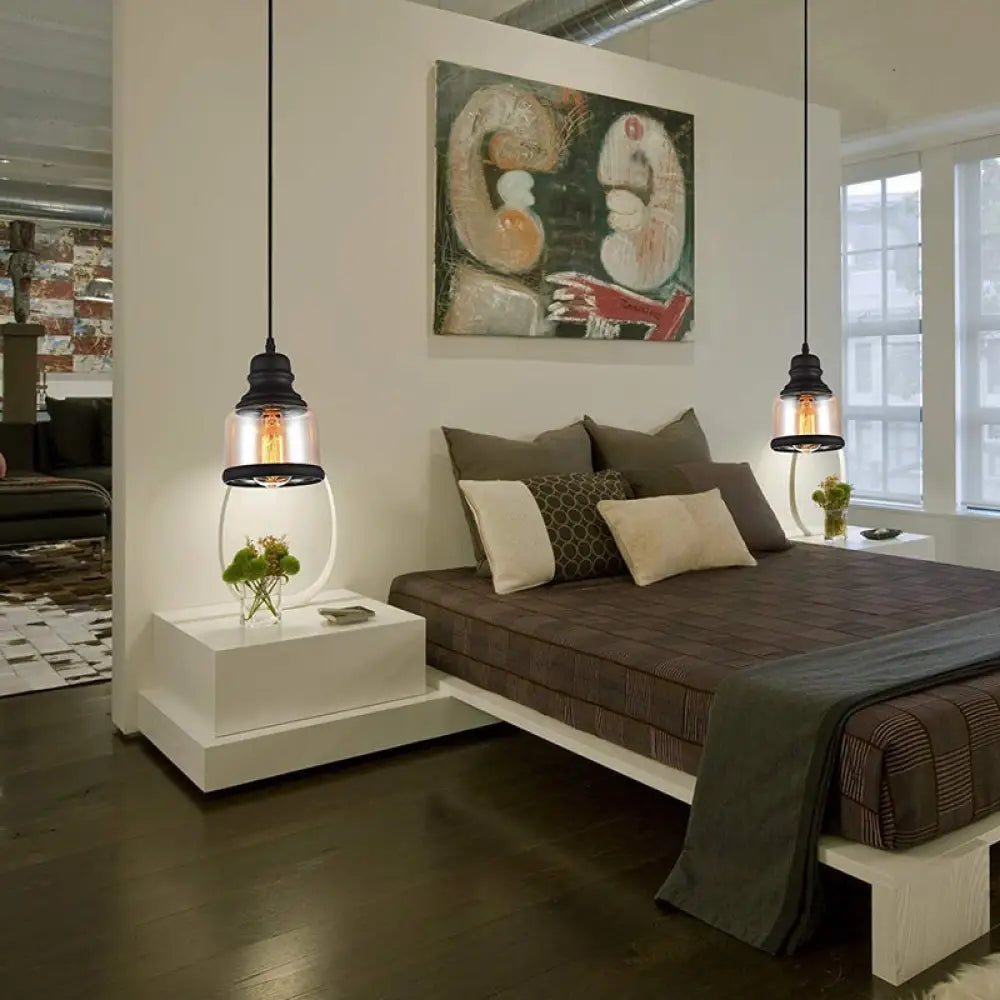 DecorBites™ Black Industrial Cylinder Pendant Lighting - Clear Glass Hanging Light for Living Room