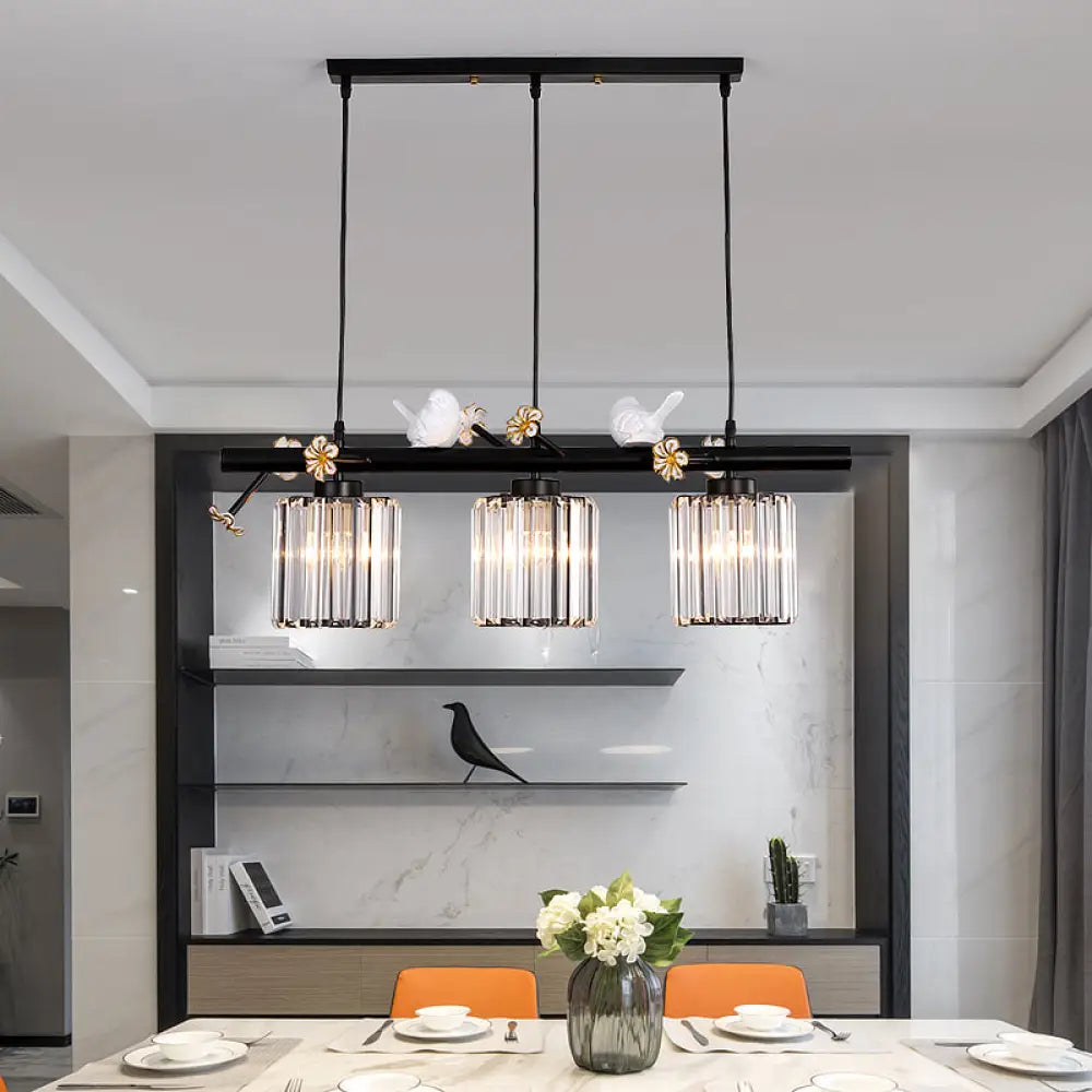 DecorBites™ Black Island Pendant Light with Clear Crystal Cylinder and Lodge Style Accents - 3 Lights, Bird and Flower Design