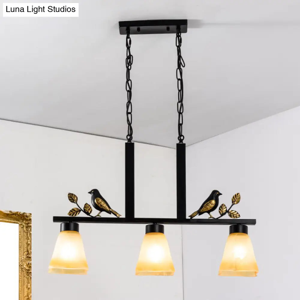 DecorBites™ Black Island Pendant with 3 Tan Glass Shades and Bird Deco - Traditional Dining Room Ceiling Light