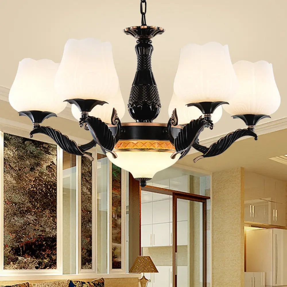 DecorBites™ Black Metal Chandelier with Floral White Glass Shades - 4/6/7 Heads, Sputnik Suspension Pendant