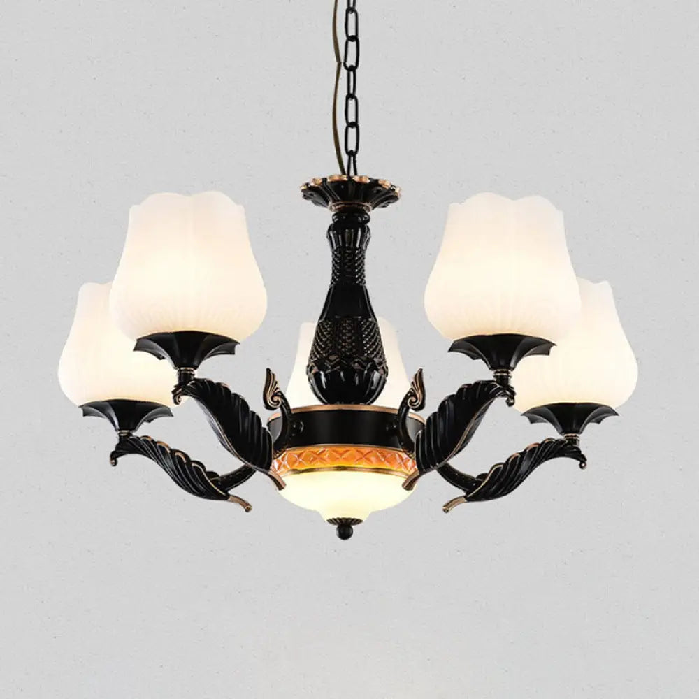 DecorBites™ Black Metal Chandelier with Floral White Glass Shades - 4/6/7 Heads, Sputnik Suspension Pendant