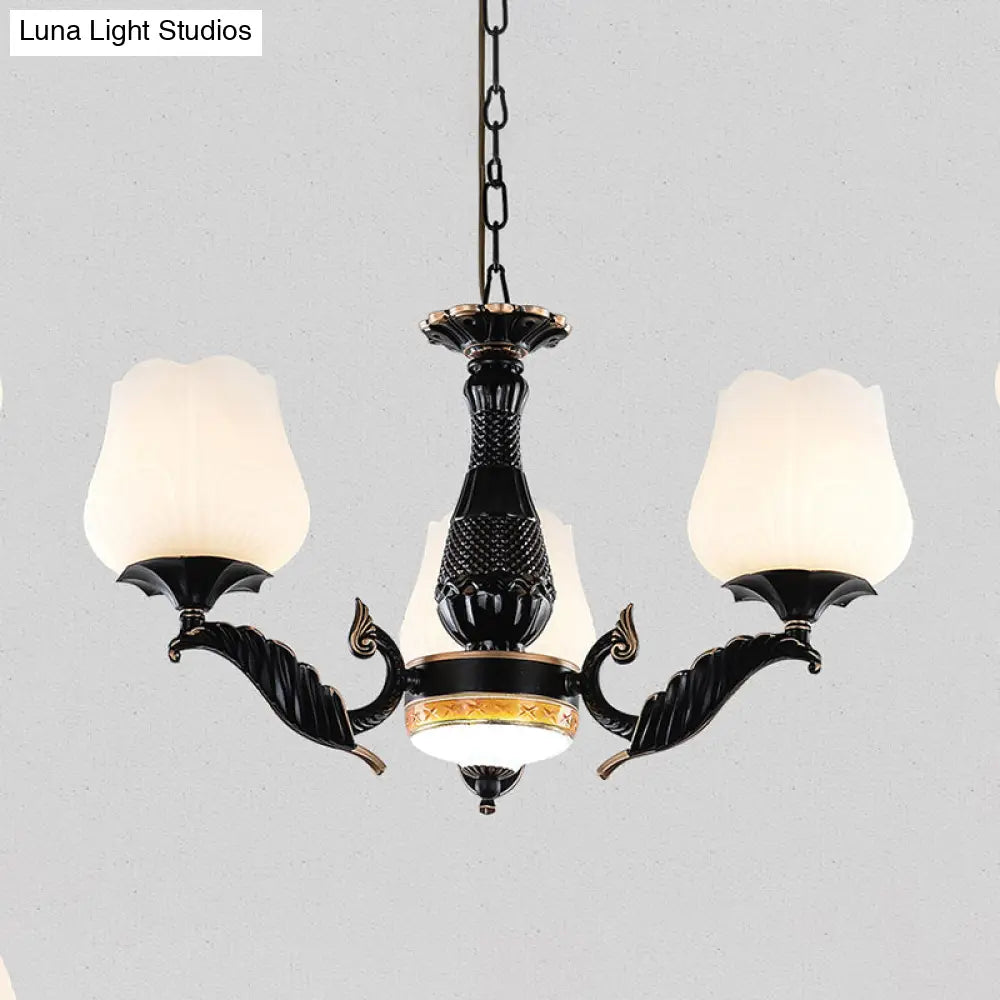 DecorBites™ Black Metal Chandelier with Floral White Glass Shades - 4/6/7 Heads, Sputnik Suspension Pendant