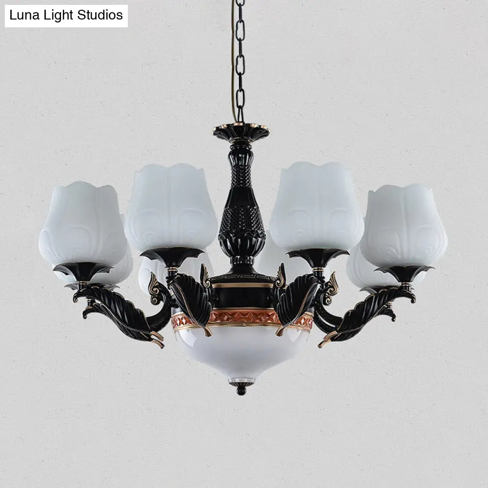 DecorBites™ Black Metal Chandelier with Floral White Glass Shades - 4/6/7 Heads, Sputnik Suspension Pendant