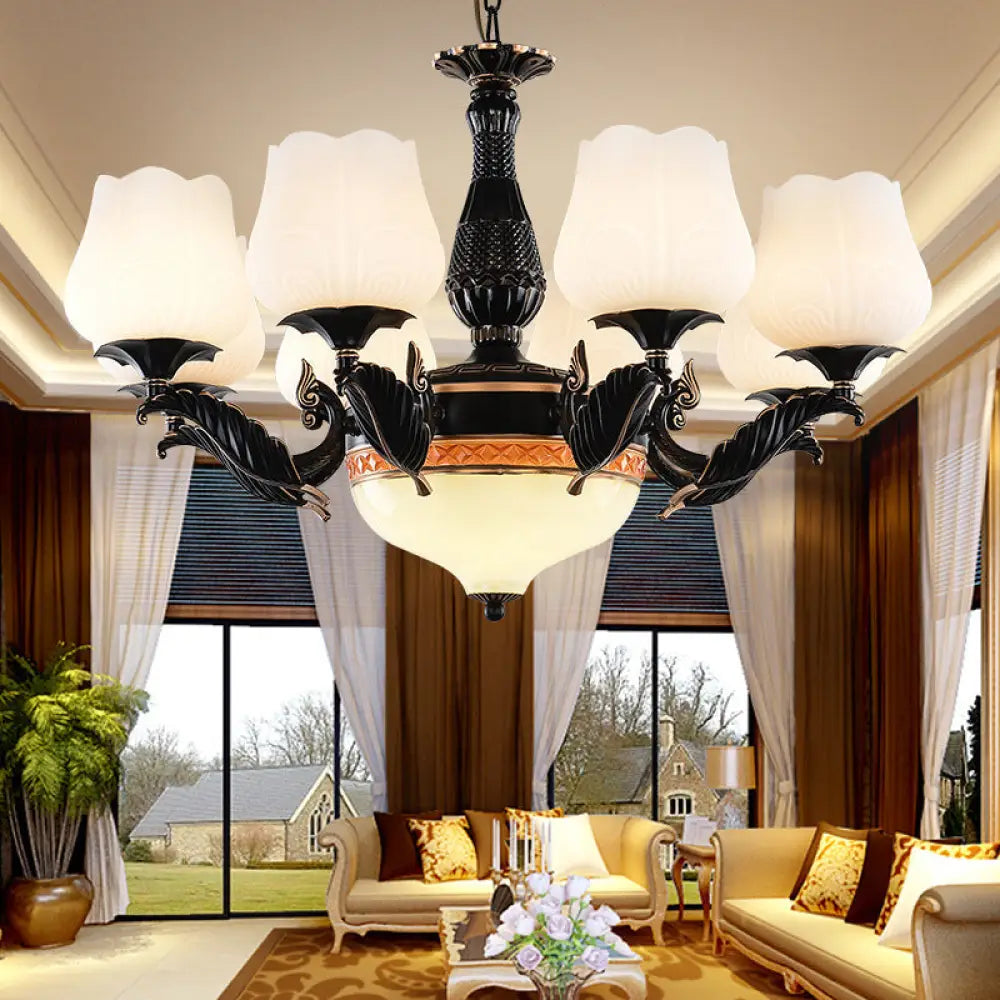 DecorBites™ Black Metal Chandelier with Floral White Glass Shades - 4/6/7 Heads, Sputnik Suspension Pendant