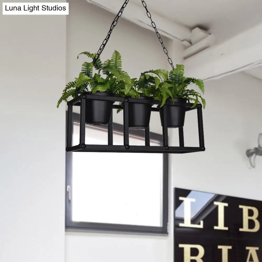 DecorBites™ Black Metal Industrial Rectangle Island Light Fixture - 2/3/5 Bulbs LED Lamp with Plant Decor
