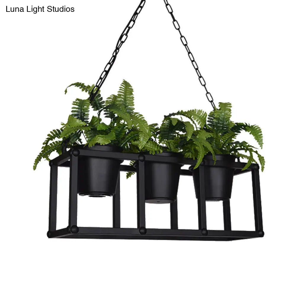 DecorBites™ Black Metal Industrial Rectangle Island Light Fixture - 2/3/5 Bulbs LED Lamp with Plant Decor