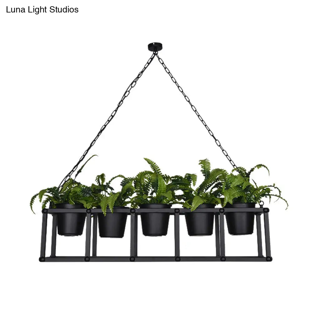 DecorBites™ Black Metal Industrial Rectangle Island Light Fixture - 2/3/5 Bulbs LED Lamp with Plant Decor