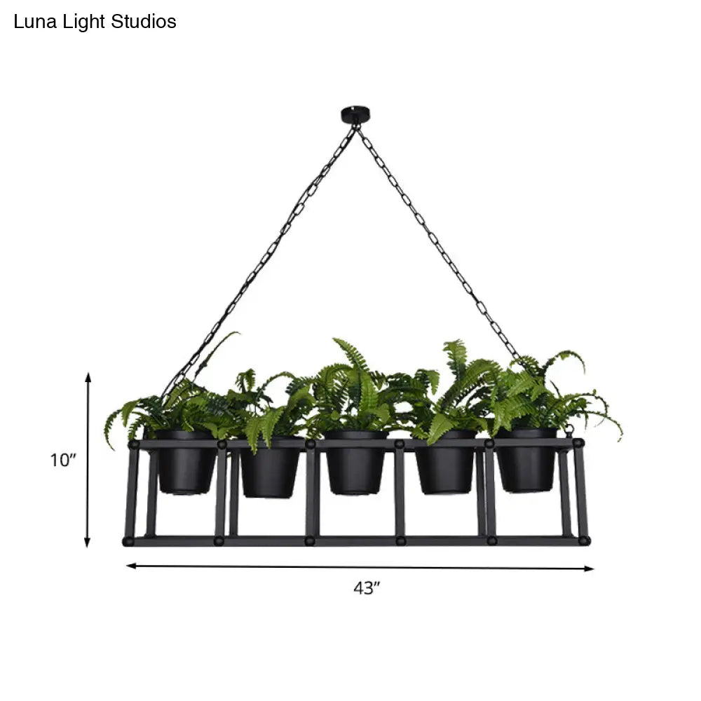 DecorBites™ Black Metal Industrial Rectangle Island Light Fixture - 2/3/5 Bulbs LED Lamp with Plant Decor