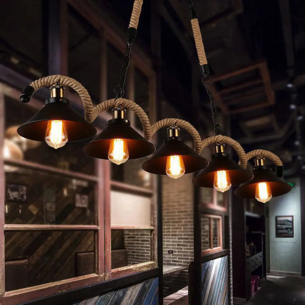 DecorBites™ Black Metal & Rope Pendant Light - Farmhouse Style with Wavy Conic Design, 3/5 Bulbs