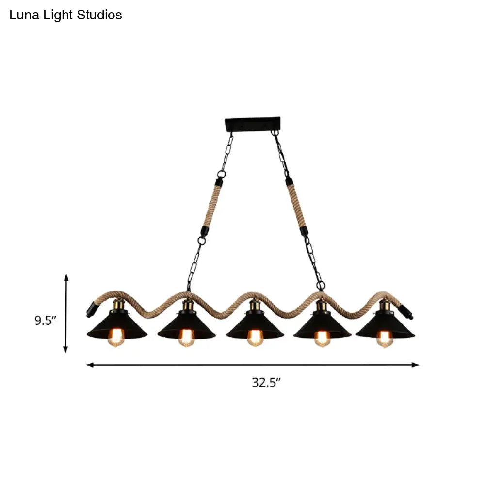 DecorBites™ Black Metal & Rope Pendant Light - Farmhouse Style with Wavy Conic Design, 3/5 Bulbs