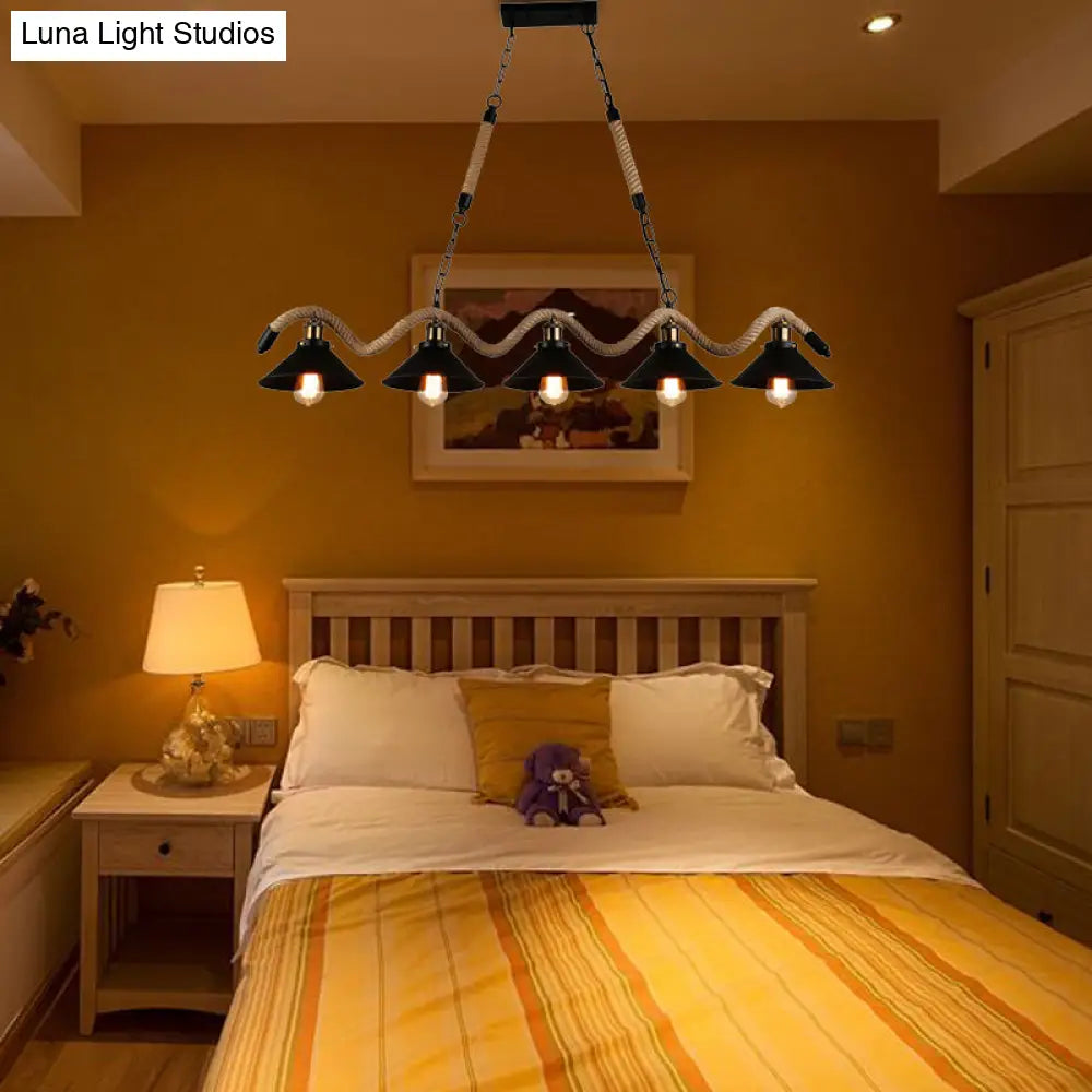 DecorBites™ Black Metal & Rope Pendant Light - Farmhouse Style with Wavy Conic Design, 3/5 Bulbs