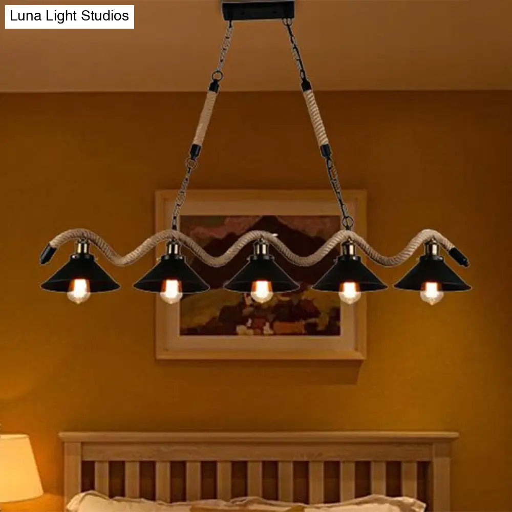 DecorBites™ Black Metal & Rope Pendant Light - Farmhouse Style with Wavy Conic Design, 3/5 Bulbs