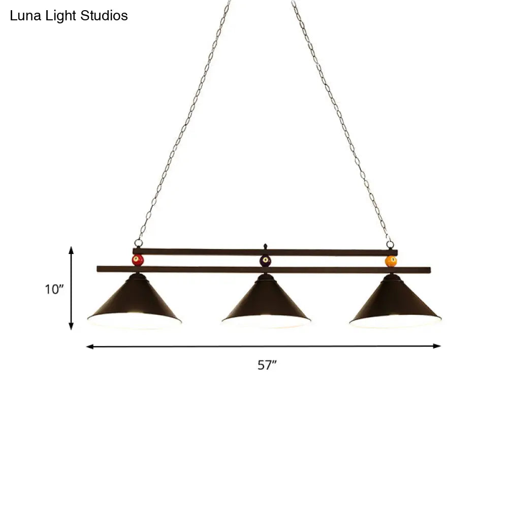 DecorBites™ Black/Red Industrial Cone Shade Ceiling Pendant with 3 Metal Heads and Billiard Ball Deco