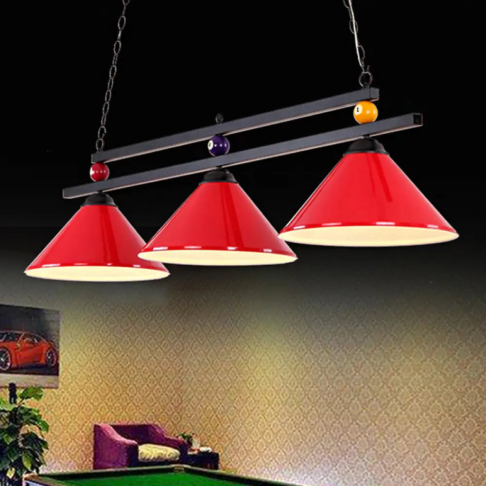 DecorBites™ Black/Red Industrial Cone Shade Ceiling Pendant with 3 Metal Heads and Billiard Ball Deco