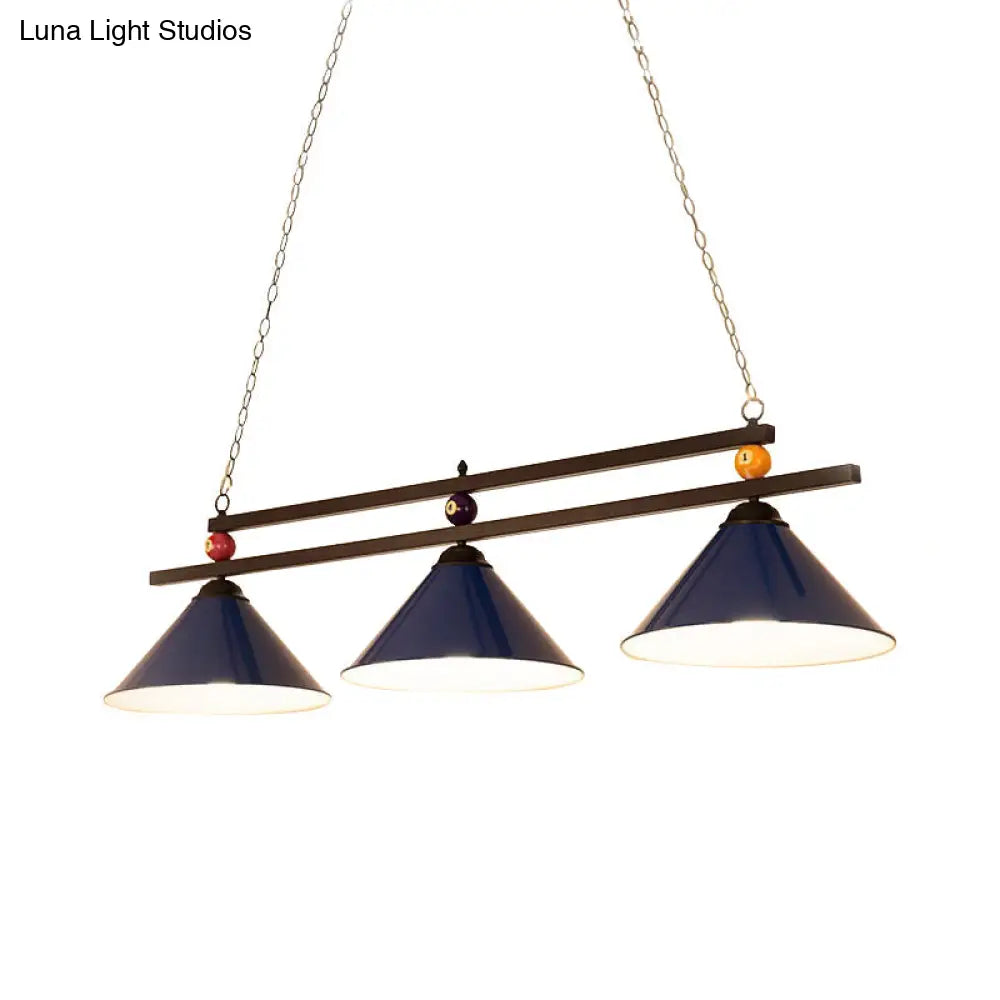 DecorBites™ Black/Red Industrial Cone Shade Ceiling Pendant with 3 Metal Heads and Billiard Ball Deco