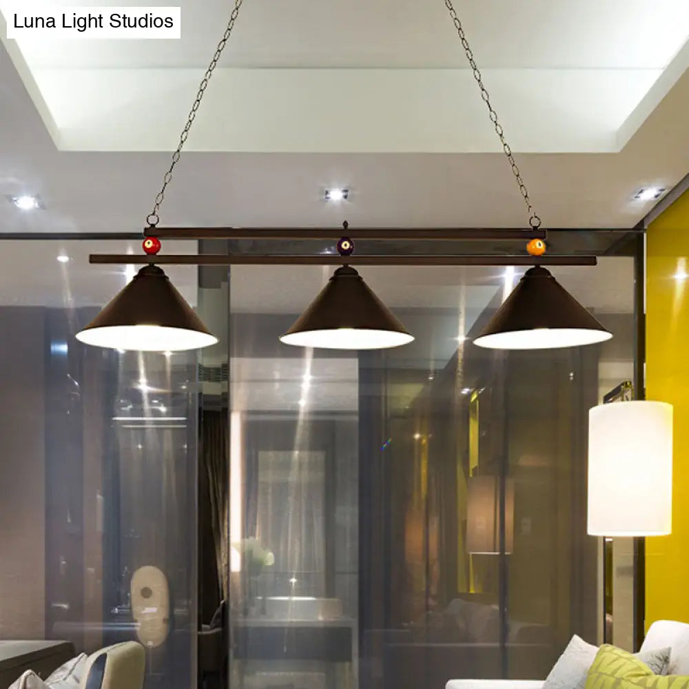 DecorBites™ Black/Red Industrial Cone Shade Ceiling Pendant with 3 Metal Heads and Billiard Ball Deco
