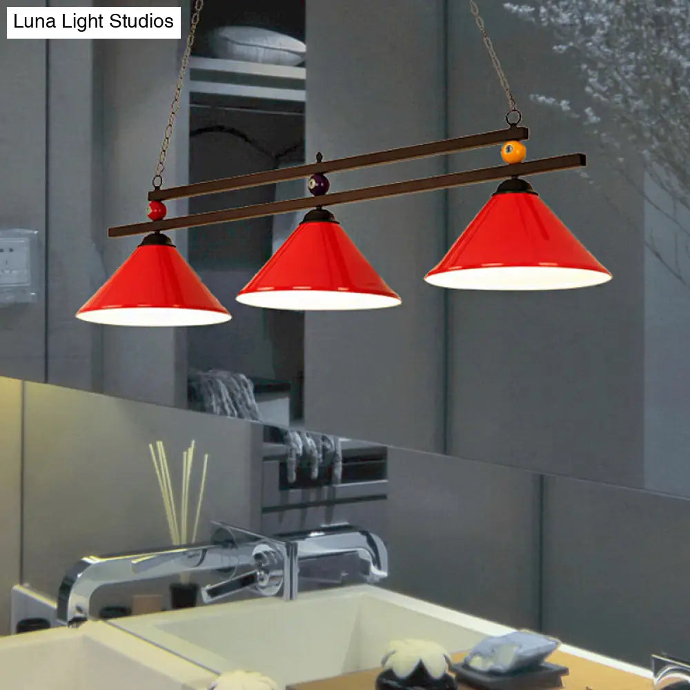 DecorBites™ Black/Red Industrial Cone Shade Ceiling Pendant with 3 Metal Heads and Billiard Ball Deco