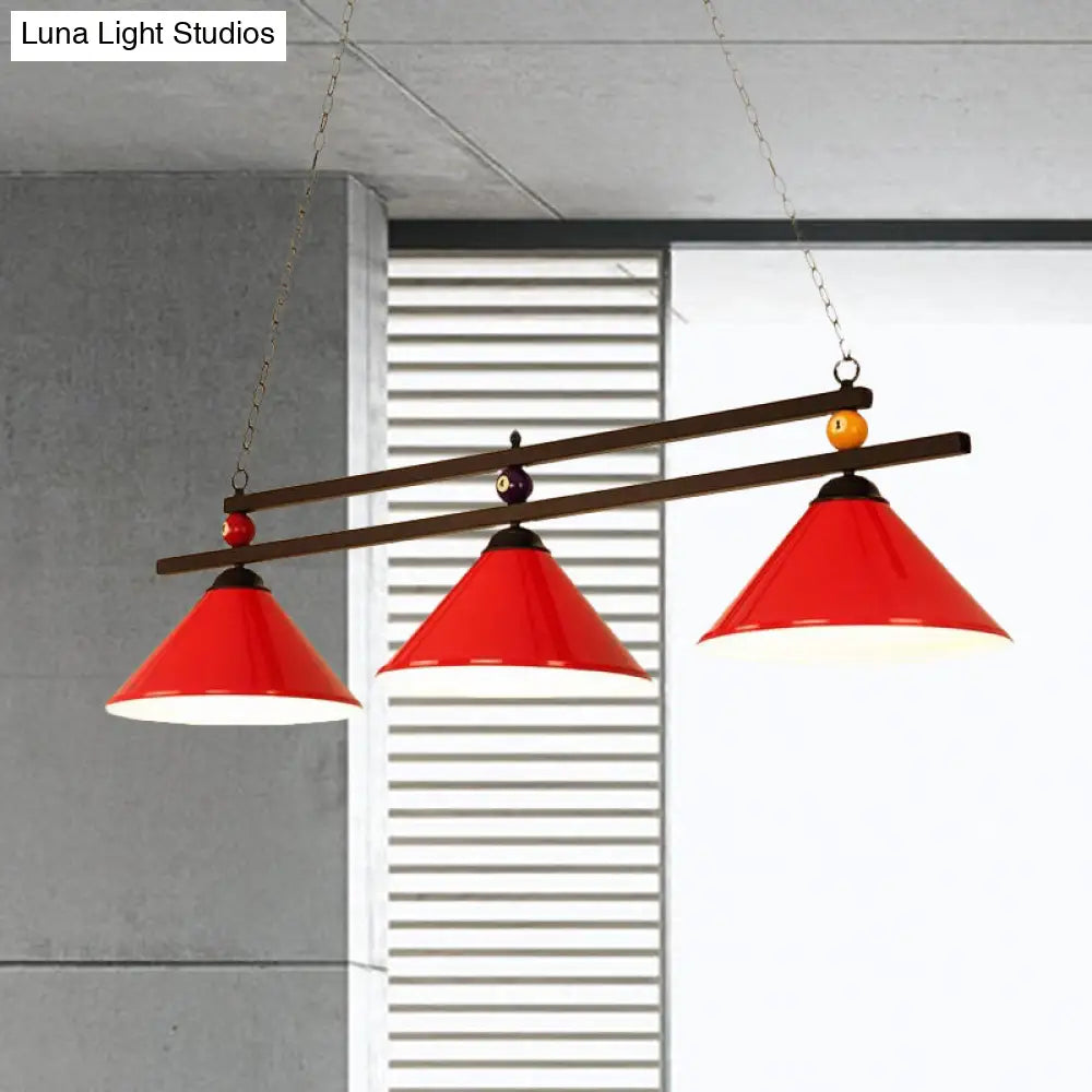 DecorBites™ Black/Red Industrial Cone Shade Ceiling Pendant with 3 Metal Heads and Billiard Ball Deco