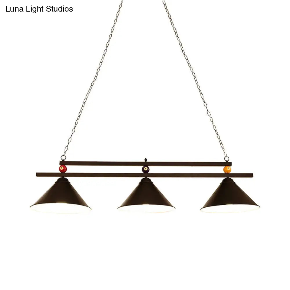 DecorBites™ Black/Red Industrial Cone Shade Ceiling Pendant with 3 Metal Heads and Billiard Ball Deco