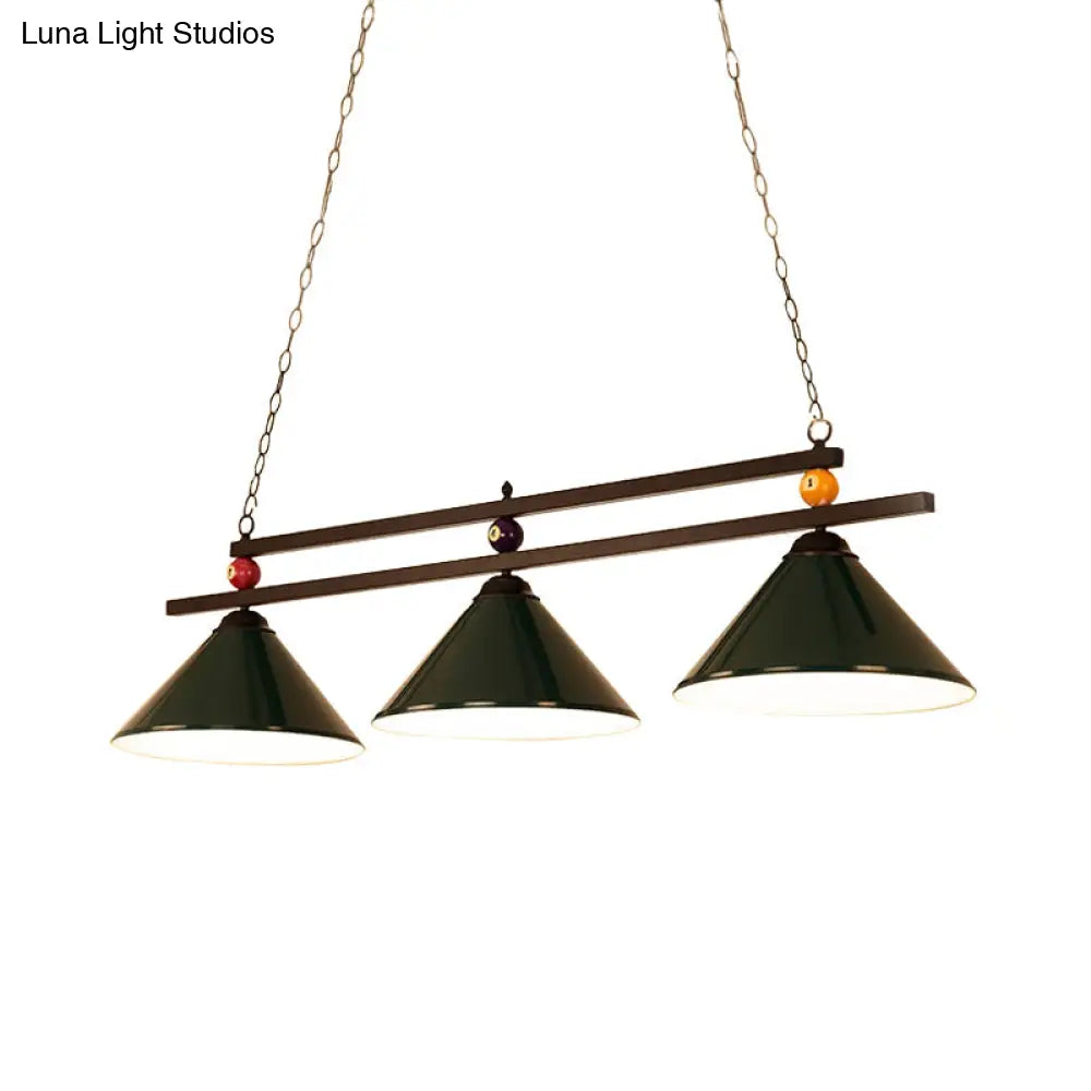 DecorBites™ Black/Red Industrial Cone Shade Ceiling Pendant with 3 Metal Heads and Billiard Ball Deco