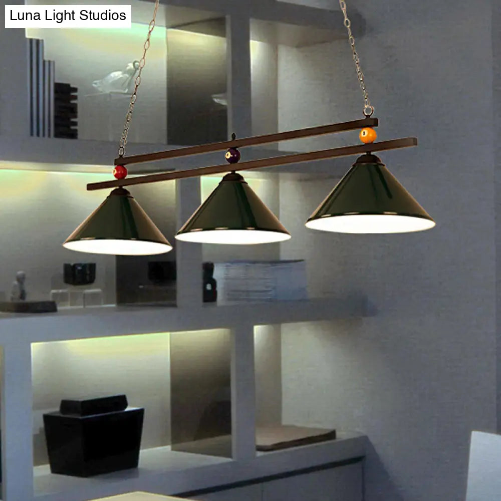 DecorBites™ Black/Red Industrial Cone Shade Ceiling Pendant with 3 Metal Heads and Billiard Ball Deco