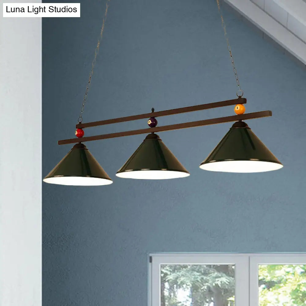 DecorBites™ Black/Red Industrial Cone Shade Ceiling Pendant with 3 Metal Heads and Billiard Ball Deco
