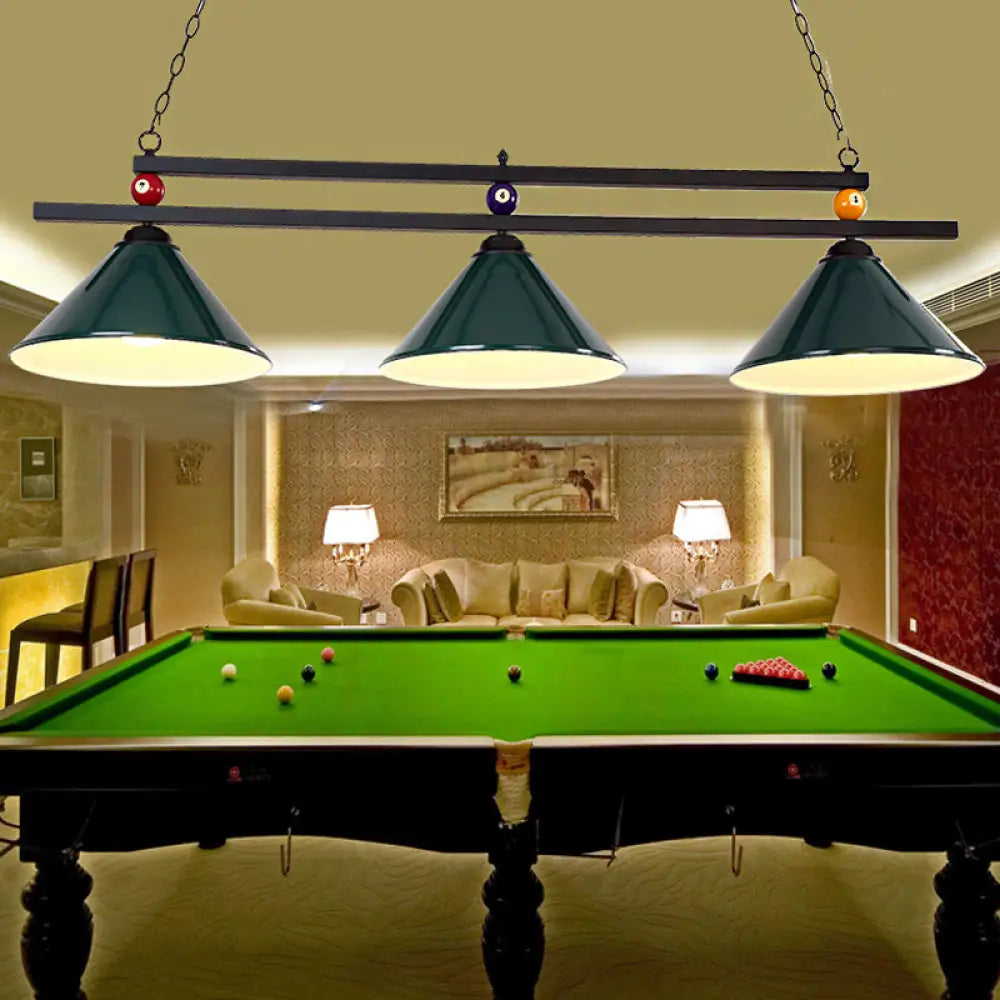 DecorBites™ Black/Red Industrial Cone Shade Ceiling Pendant with 3 Metal Heads and Billiard Ball Deco