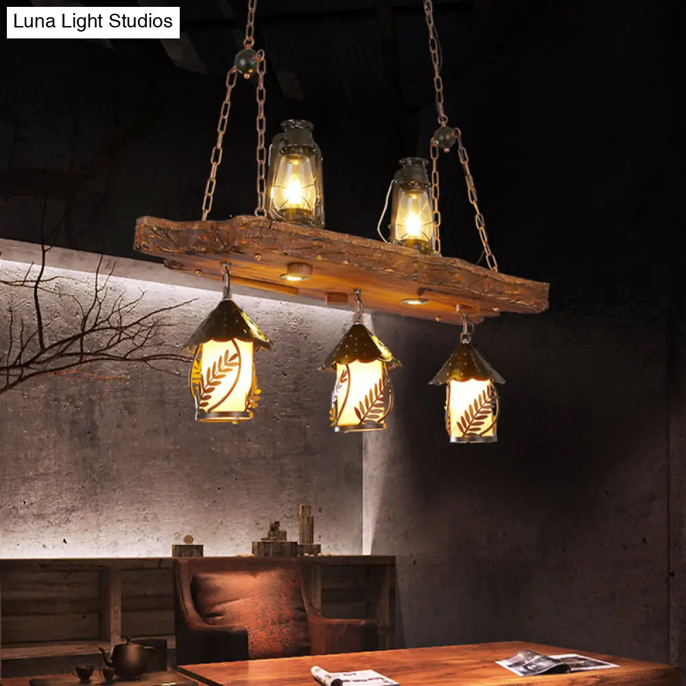 DecorBites™ Black Wood Lantern Island Ceiling Light with 5 Lights, Clear Glass Shade - Ideal for Restaurants and Warehouses