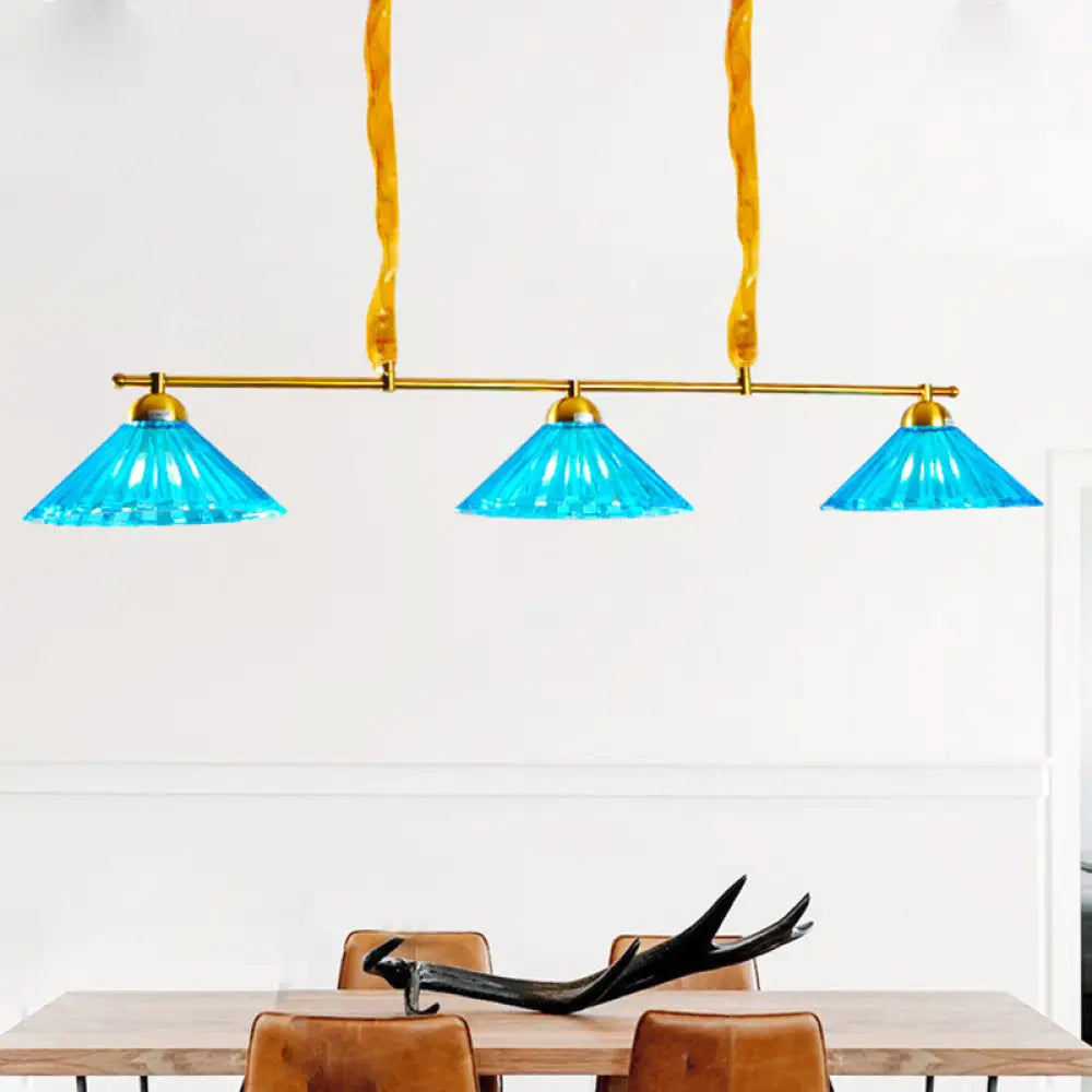 DecorBites™ Blue Ribbed Glass Cone Pendant Light - Traditional Dining Room Lamp with 3 Lights