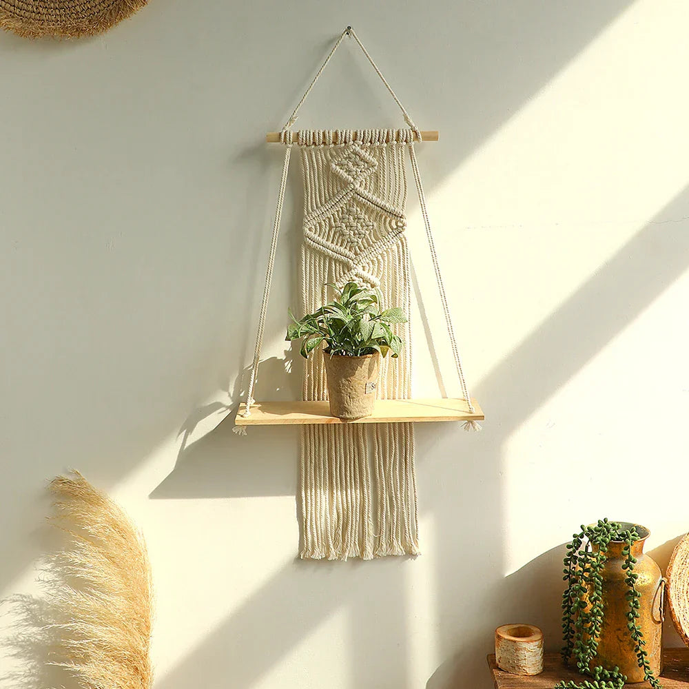 DecorBites™ Boho Macrame Wood Wall Shelf Home Decor
