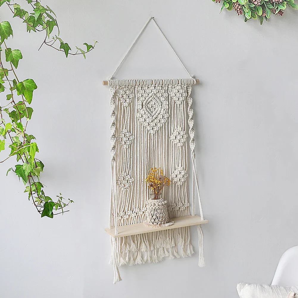 DecorBites™ Boho Macrame Wood Wall Shelf Home Decor