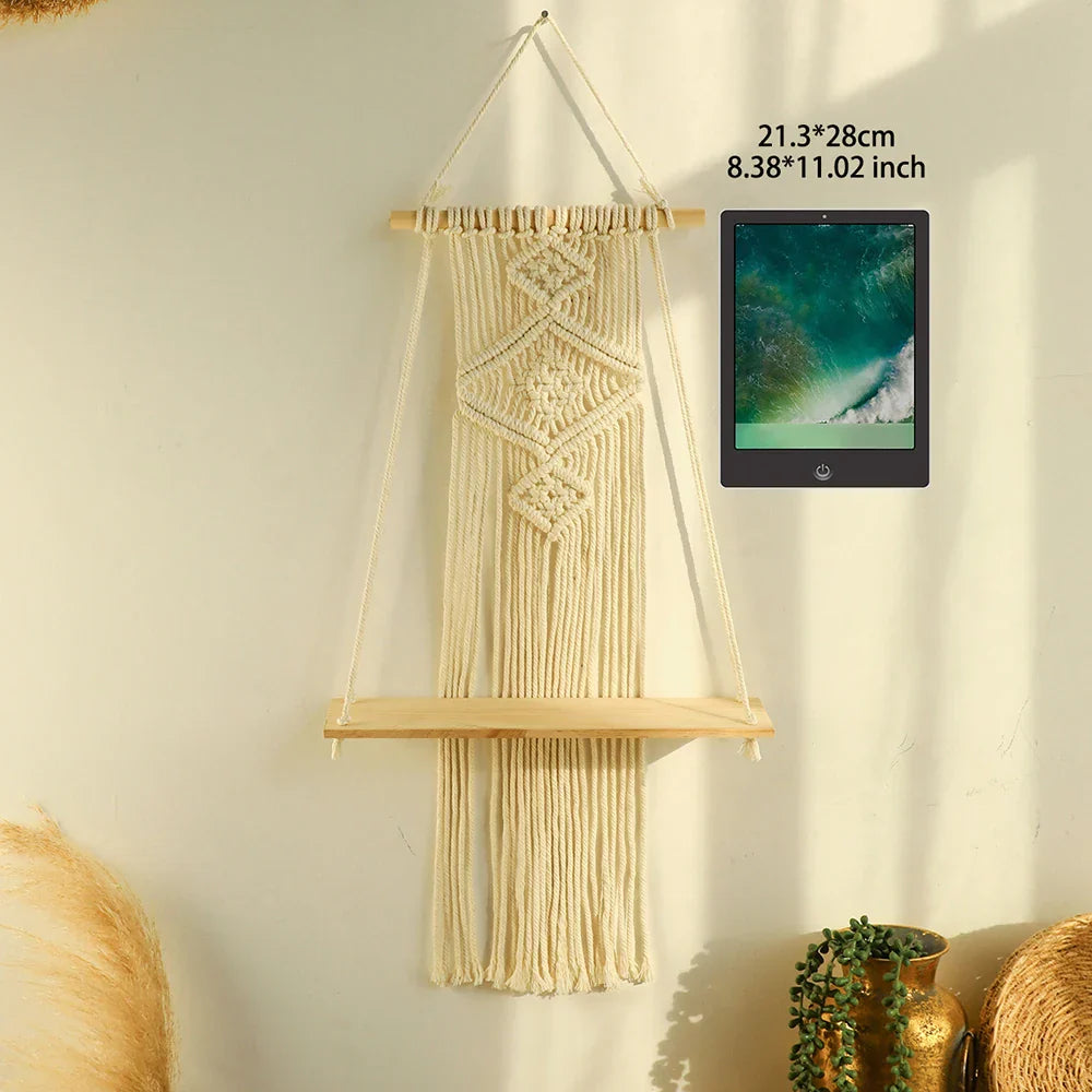 DecorBites™ Boho Macrame Wood Wall Shelf Home Decor