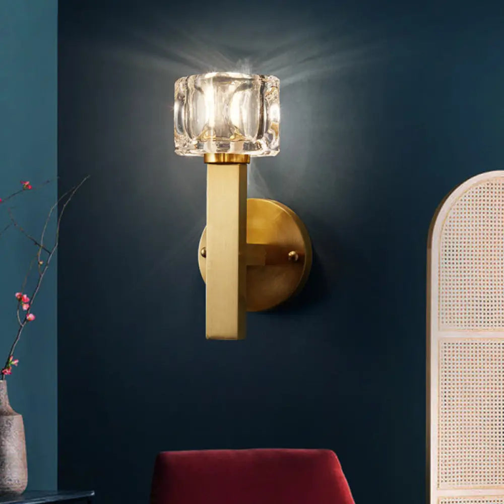 DecorBites™ Brass Cylinder Sconce with Clear Crystal Block for Modern Living Room Lighting
