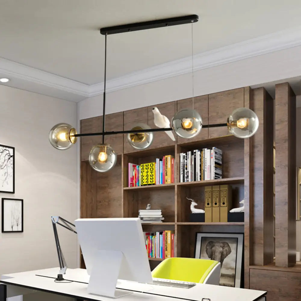 DecorBites™ Brass Sphere Ceiling Light with Adjustable Cord - Industrial 5-Light Island Pendant, Amber/Milky White/Smoke Grey Glass Shades