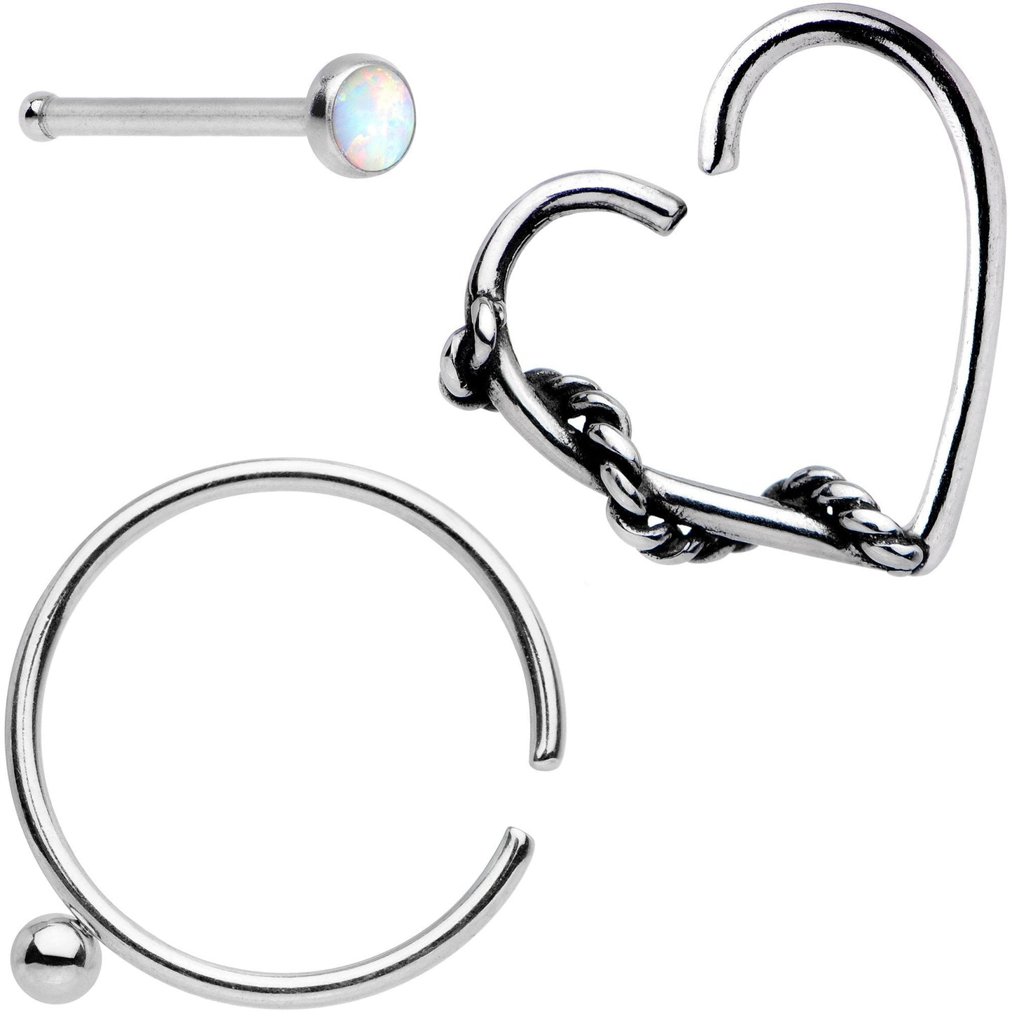 20G White Faux Opal Nose Bone Heart Closure Ring Pack Set of 3